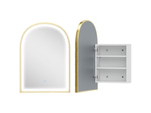 Armoire murale salle de bain avec miroir et éclairage led, porte arquée, anti-buée, doré, 50x14,5x70cm