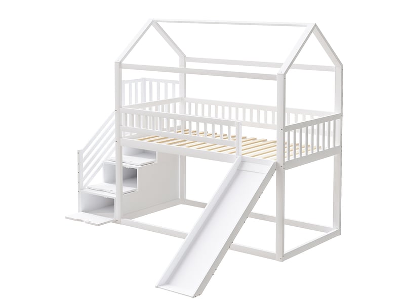 Lit mezzanine enfant avec toboggan et escalier de rangement, lit superposé 90x200 cm blanc en bois massif avec barrières de sécurité. - Conforama D