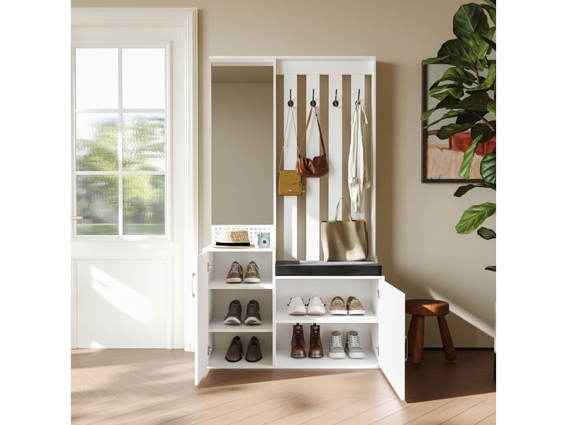  Ensemble meuble d'entrée multifonctionnel 6 en 1 – vestiaire mural blanc avec miroir, banc à chaussures et rangement (180 x 100 x 40 cm)  - Conforama E