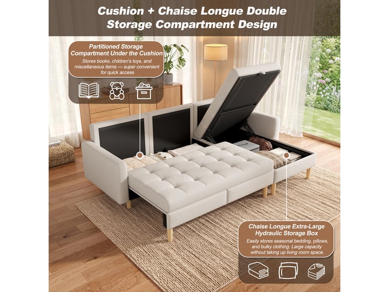 Canapé d'angle avec coffre de rangement, canapé en l 3 places en tissu beige, méridienne réversible pour petit salon, 212x130x86cm - Conforama E