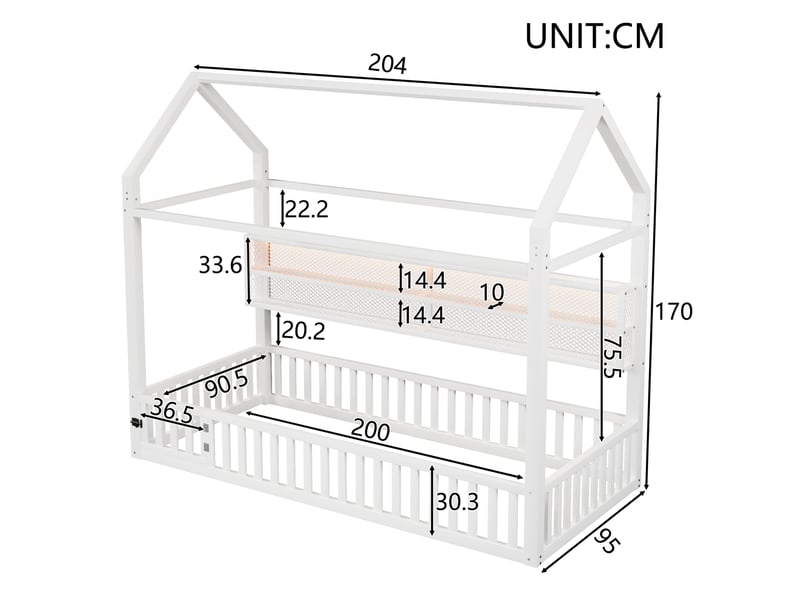  Elvmi lit enfant 90x200 cm en métal blanc, structure maison avec barrières de sécurité et éclairage led 7 couleurs, lit plateforme avec toit décoratif, cadre robuste pour chambre d’enfant, dimensions 204 x 95 x 170 cm  - Conforama C