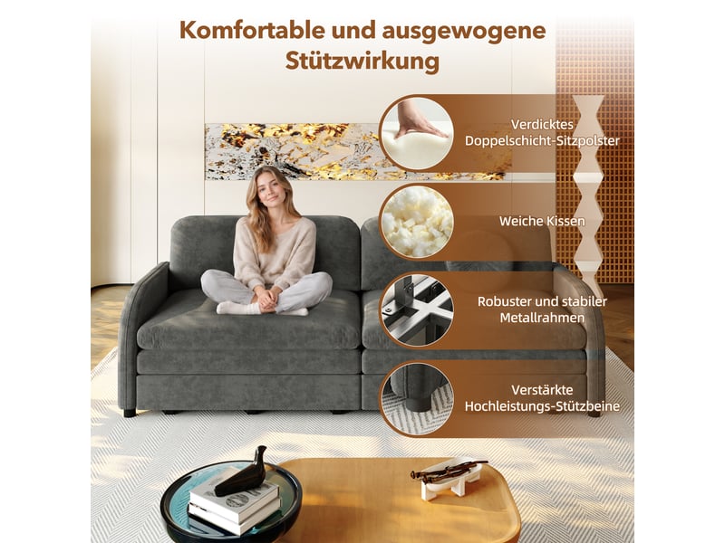  Canapé-lit convertible 3 en 1,205x84x89cm,canapé 3 places avec couchage extensible,poches de rangement,tissu chenille,gris  - Conforama E