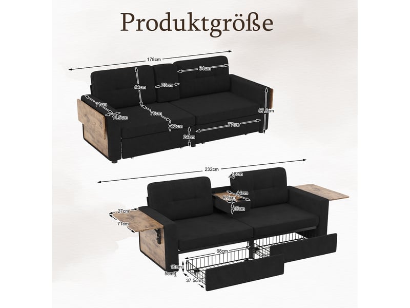 Canapé convertible 2 places en tissu noir, 2 tiroirs, tablettes réglables et porte-gobelets, style moderne - Conforama C