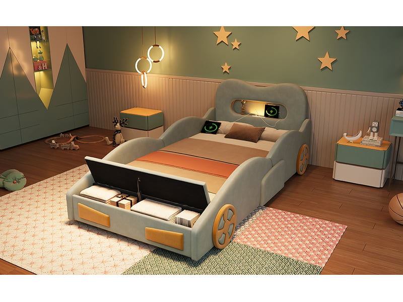  Lit voiture enfant 90 x 200 cm vert en velours, tête de lit avec liseuse et prise, coffre au pied et décor de roues  - Conforama B