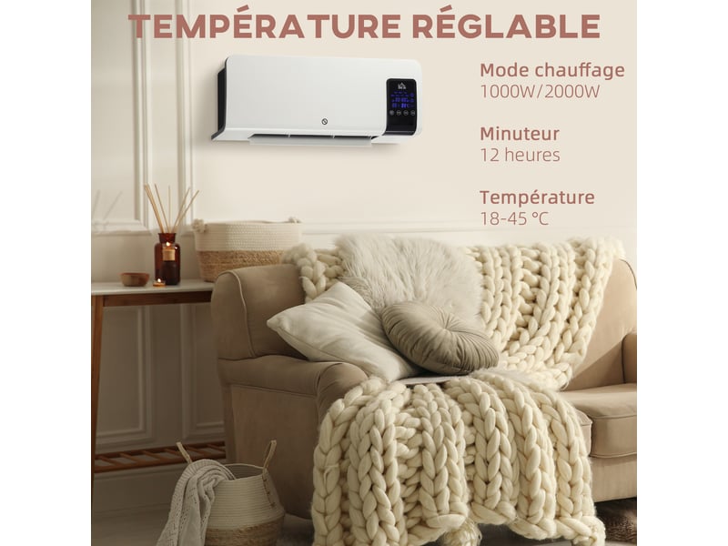  Radiateur soufflant mural en céramique ptc - 1000 w 2000 w, oscillation, avec télécommande blanche  - Conforama D