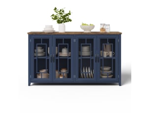 Buffet de cuisine na 160 cm avec portes vitrées, grand rangement et plateau effet bois moderne
