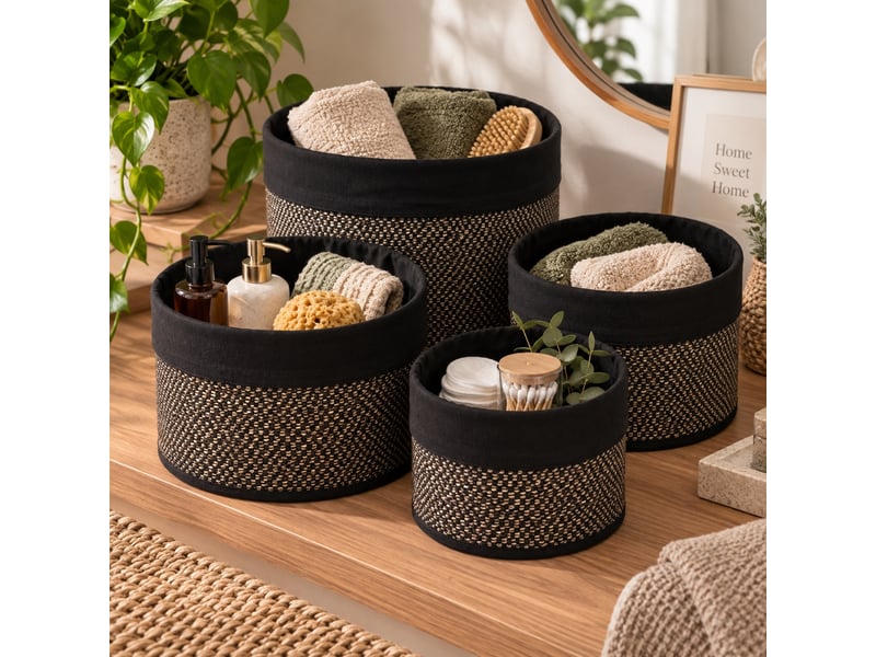  Lot de 4 paniers de rangement ronds en bambou tressé et tissu noir,corbeilles multi-usages décoratives  - Conforama B