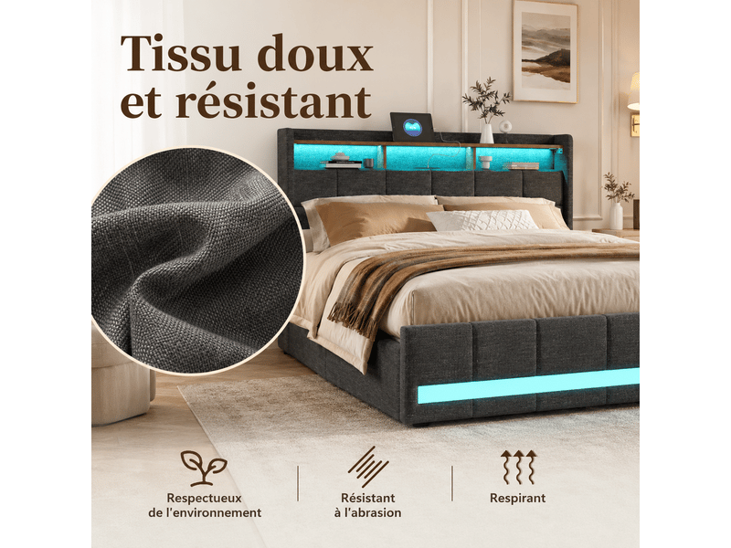  Lit 2 personnes 160 x 200 cm avec sommier - 4 tiroirs - cadre de lit rembourré avec led intégrée et usb type‑c - lit coffre double avec rangement et tete de lit capitonné - 2 places- lin gris - chambre adulteado - sans matelas -…  - Conforama E