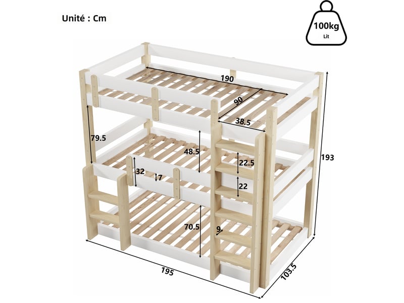 Lit superposé 3 places 90x190 cm blanc et bois clair pin massif avec échelles et garde-corps - Conforama C