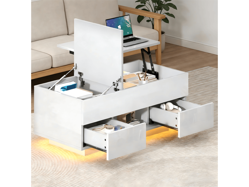  Table basse relevable blanche 100x45x43 cm, table de salon avec led, 2 tiroirs et rangement caché, plateau réglable  - Conforama D