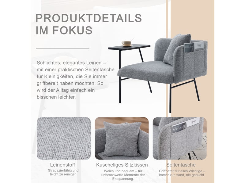 Fauteuil avec table d’appoint et poches de rangement, assise rembourrée en chenille gris, 86 × 72 × 71 cm - Conforama E