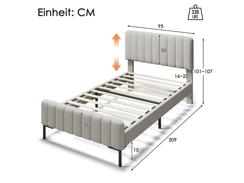  Lit simple 90x200 cm avec sommier à lattes et tête de lit réglable, lit adulte, cadre de lit, matériau lin  - Conforama C