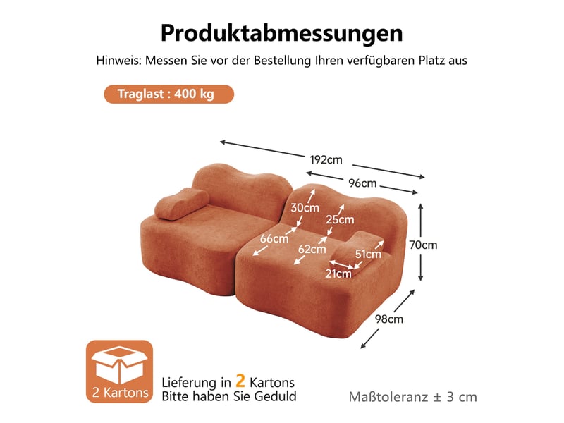  Canapé 2 places - 192x98x70 cm - canapé droit modulable velours, mousse 32d, sans structure rigide et coussins amovibles - orange  - Conforama E