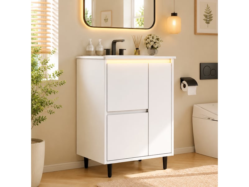  Meuble de salle de bain - 61x46,5x87 cm - meuble sous vasque avec vasque céramique, 2 tiroirs, 1 porte, led - blanc  - Conforama C