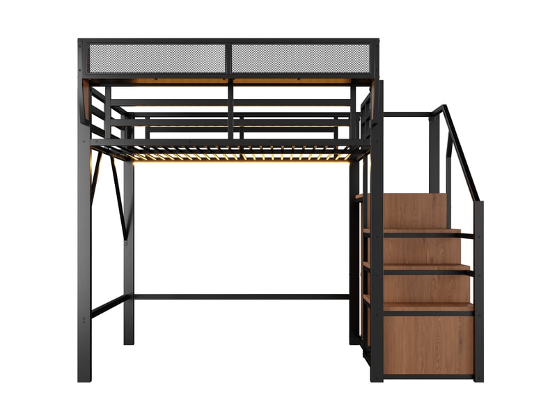  Lit mezzanine 140x200 cm noir en métal, led, échelle sécurisée et étagère modulable Fay Lum - Conforama D