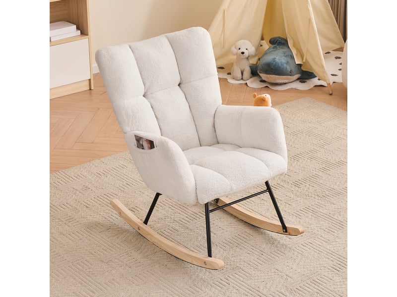  Fauteuil à bascule en tissu bouclette 80x70x95 cm, dossier haut capitonné, accoudoirs rembourrés, base en bois et métal - blanc  - Conforama B