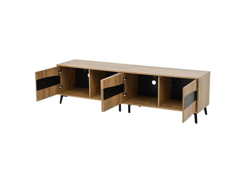  Meuble tv 180x40x50 cm, 4 portes, design symétrique, effet bois naturel et noir, panneau de particules  - Conforama D