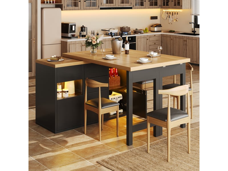  Desserte de cuisine avec 2 portes vitrées, 4 tiroirs et étagères réglables, led rgb pour cuisine et salle à manger  - Conforama B