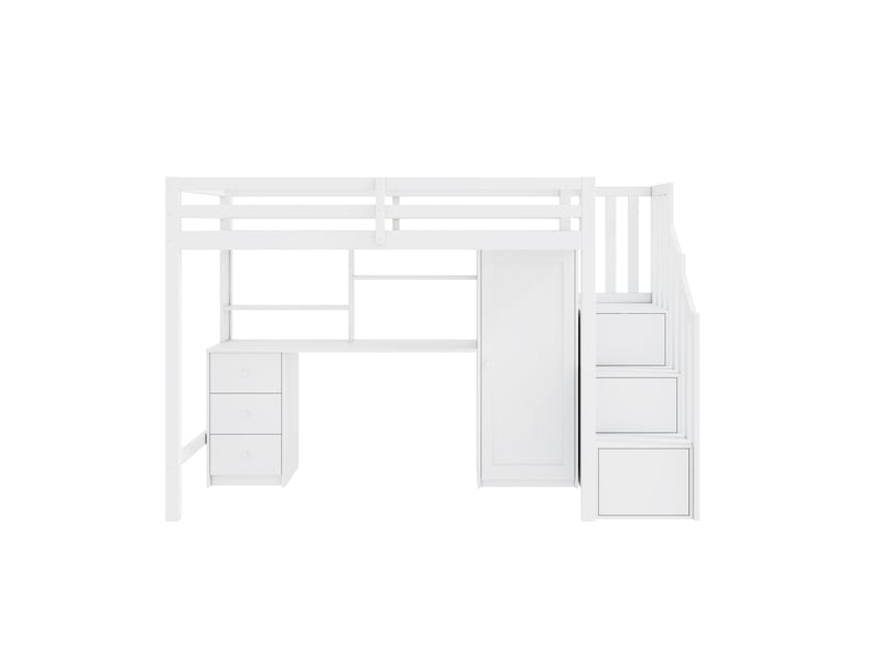  Lit superposé avec bureau et armoire, escalier, lit enfant multifonctionnel, lit superposé enfant équipé de tiroirs et d'une armoire intégrée à l'escalier, 90 x 200 cm, blanc  - Conforama E