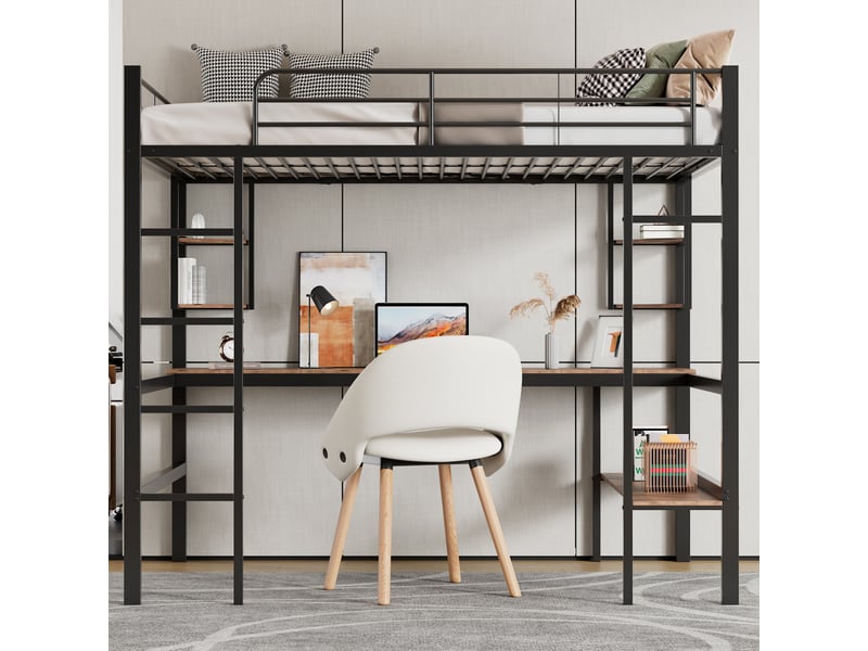 Lit mezzanine 90x200 cm avec bureau et étagères en métal noir  - Conforama B
