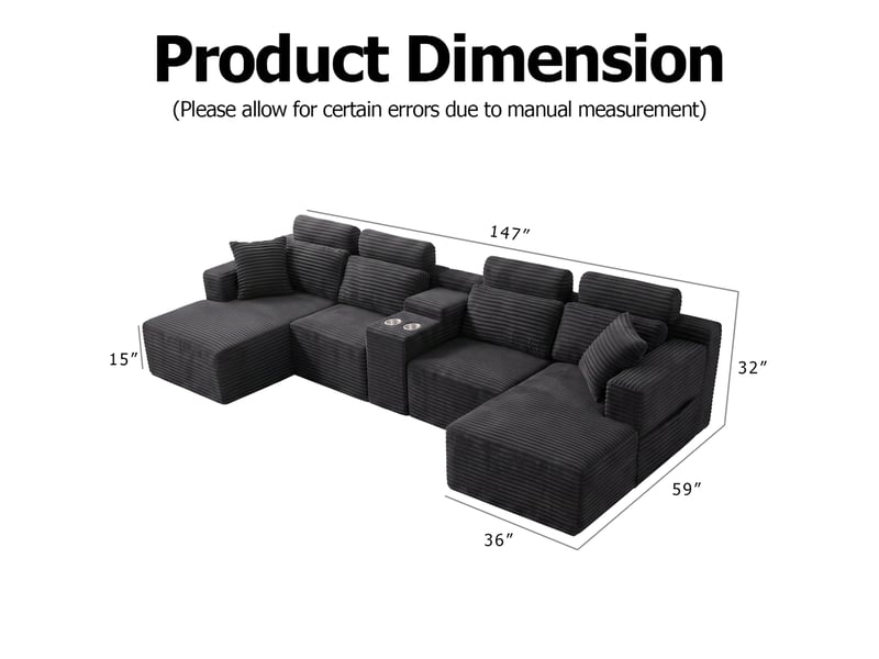  Canapé d’angle modulaire en u 373x151x81 cm compressé, porte-gobelets velours côtelé couleur gris foncé  - Conforama C