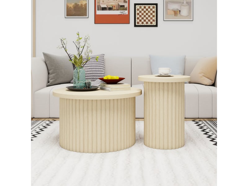 Set de 2 tables basses rondes en bois naturel, structure ondulée, table d'appoint intégrée – salon, chambre et bureau  - Conforama D