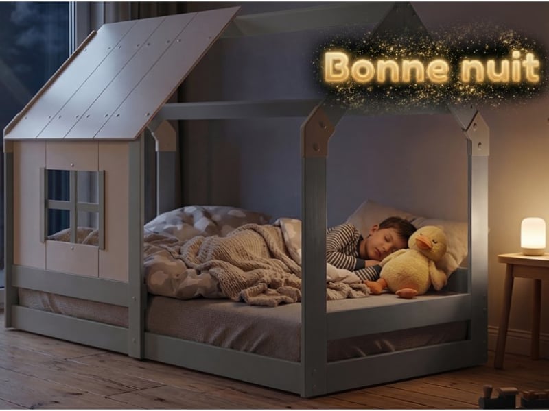 Lit cabane enfant montessori en bois massif gris anthracite avec toit et fenêtre, 80x160 cm – sommier à lattes inclus - Conforama D