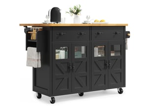 Îlot de cuisine multifonction noir avec plateau extensible, chariot de service à roulettes pour salle à manger et salon
