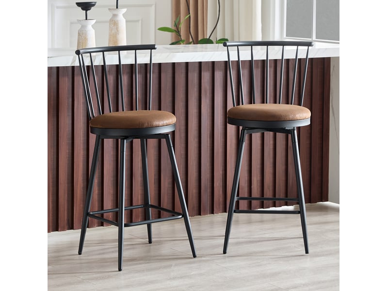  Tabouret de bar lot de 2 style windsor avec assise rembourrée et repose-pieds, en tissu et métal marron 39 × 39 × 96 cm  - Conforama B