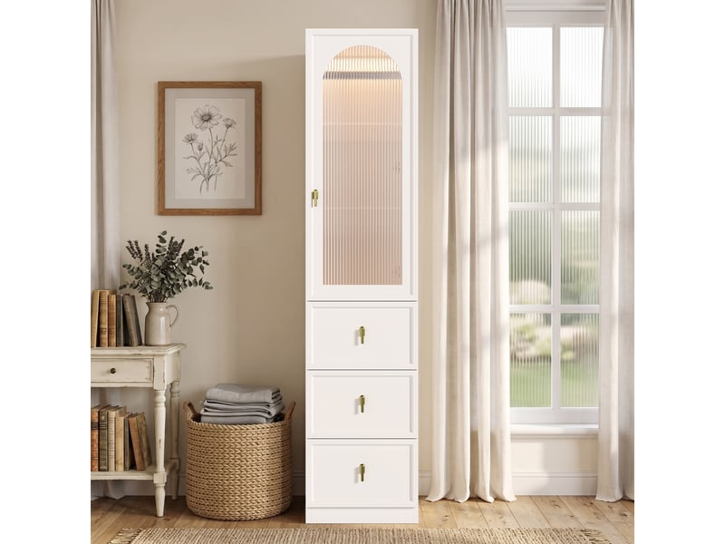  Armoire penderie 1 porte étroite blanche avec 3 tiroirs - éclairage led 45x48x200 cm  - Conforama B
