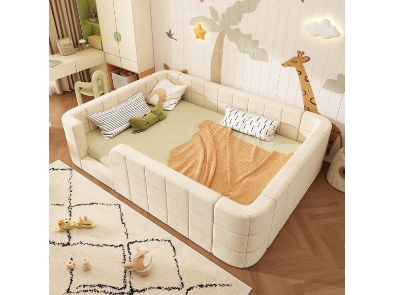 Lit enfant bas 140x190 cm, en tissu chenille rembourré, avec contour rembourré et entrée, avec sommier à lattes inclus, matelas non inclus, beige Luxe haut de gamme - Conforama E