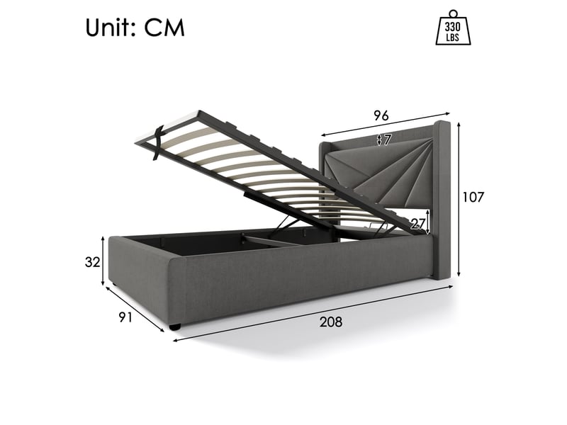 Lit coffre simple 90x200 cm avec ports usb et usb-c, tissu coton-lin gris - Conforama E