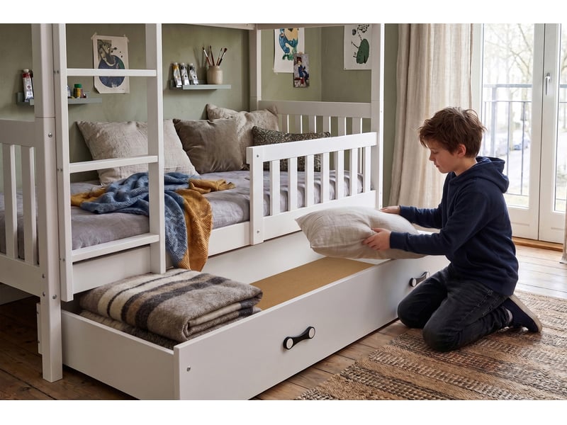  Lit superposé séparable 90x200 cm QUBA Interbeds - Bois massif de pin avec barrière, sommier et tiroir - Blanc QUBA - Conforama E