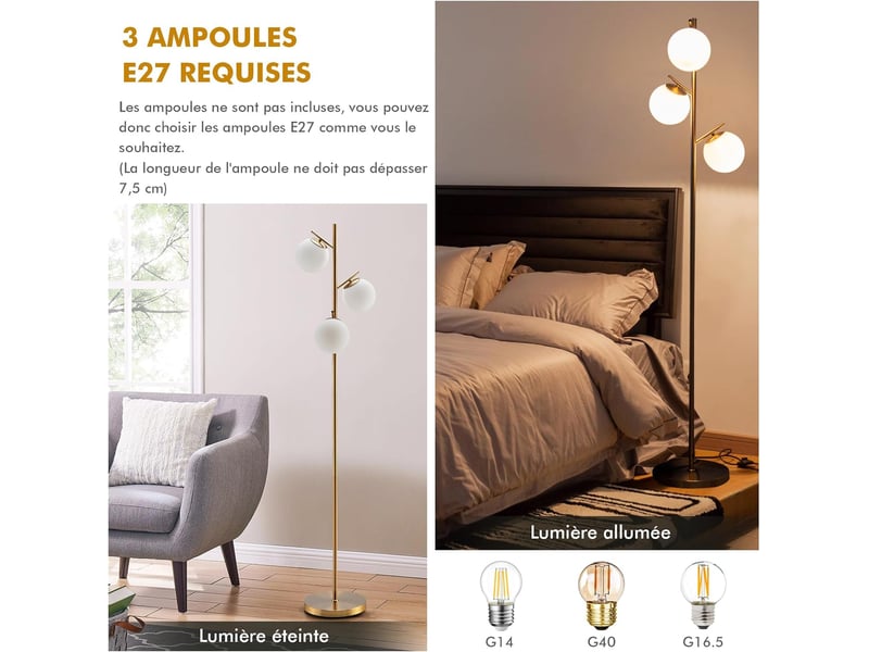 Costway lampadaire à 3 globes, lampe sur pied moderne avec interrupteur à pied et poteau métallique, 3 culots d'ampoule e27, pour salon, chambre, bureau, doré  - Conforama E