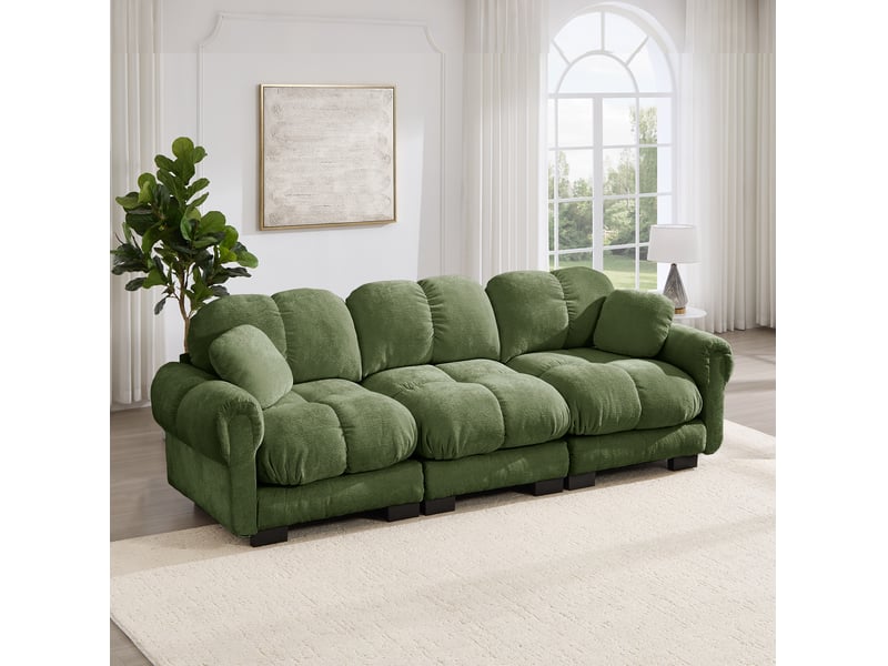  Canapé droit fixe 3 places en tissu vert avec 2 coussins déco, assise épaisse et dossier ergonomique  - Conforama E