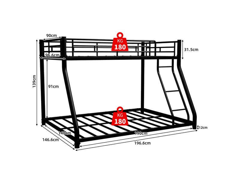  Lit superposé métal - 90x190140x190cm - échelle inclinée sécurisée - garde-corps 31,5cm - noir  - Conforama R