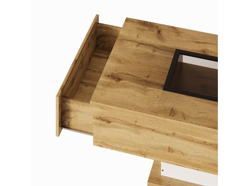  Table basse rectangulaire en mdf avec lumière led,2 tiroirs et rangement avec plateau en verre,naturel table basse naturel - Conforama E