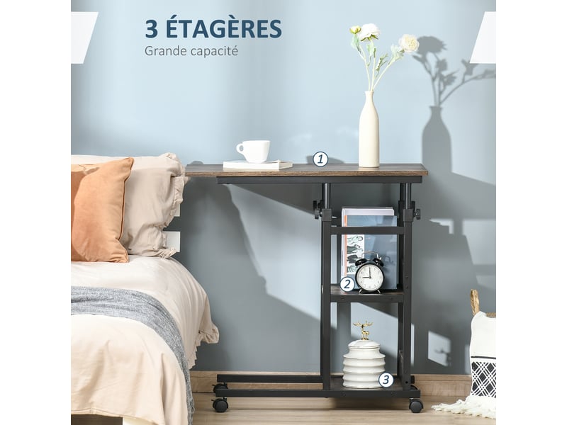  Table d'appoint bout de canapé table roulante table de lit pour ordinateur portable hauteur réglable - 2 étagères intégrées - cadre métal, marron, 80 x 40 x 72-82 cm  - Conforama E