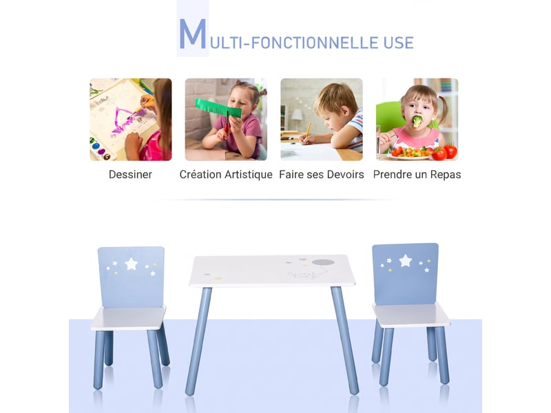  Table enfant avec chaise, ensemble table et 2 chaises en bois pour dessiner, jouer, étudier, bleu  - Conforama D