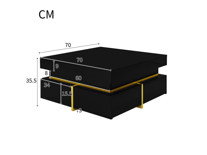  Table basse carrée 70 x 70 cm noire brillante, 2 tiroirs et accents dorés  - Conforama C