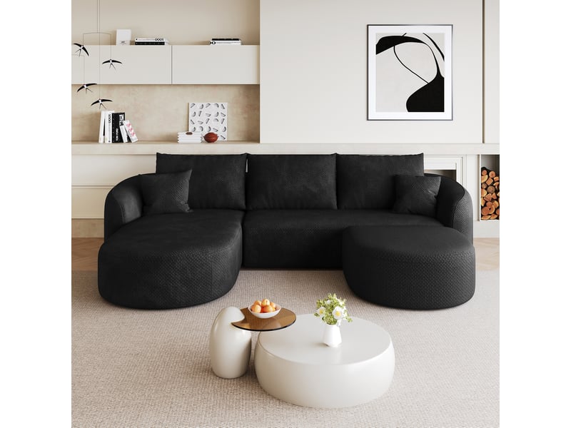  Canapé panoramique en u modulable sans montage  - structure sans cadre en bois, tissu chenille noir  - Conforama C