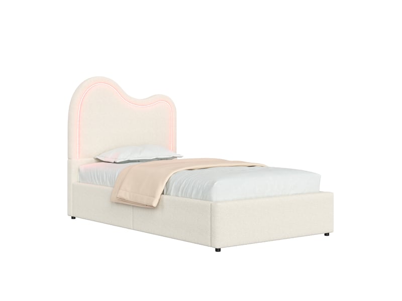  Lit enfant simple 90×200 cm coffre, led réglable - okmyhome- bouclé blanc, sans matelas, sommier inclus  - Conforama A
