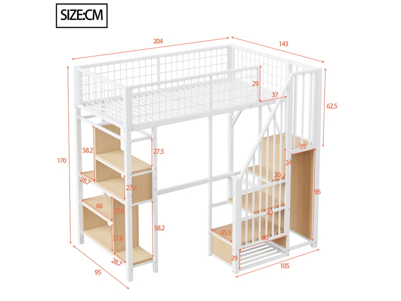  Lit mezzanine enfant 90x200 cm – blanc – escalier de rangement, étagères et placard intégré - sans matelas  - Conforama C