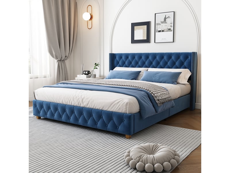 Lit capitonné 160x200 velours bleu avec sommier à lattes et tête de lit - Conforama W