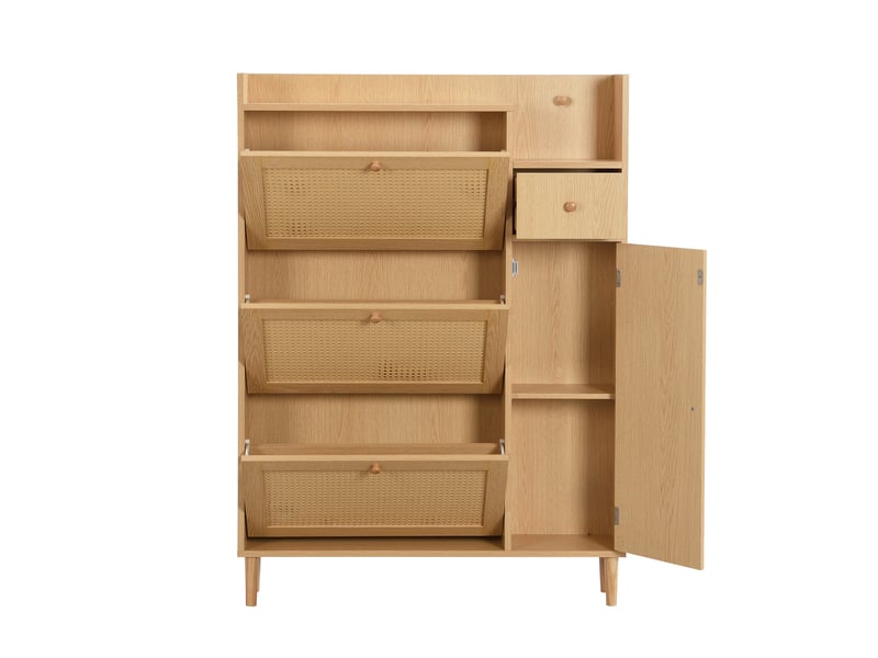  Meuble à chaussures en bois de rotin avec 3 portes basculantes et 1 tiroir pieds et poignées en bois massif meuble à chaussures naturel - Conforama D