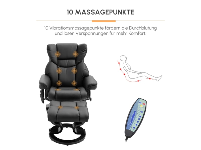 Fauteuil relax massant inclinable,79x82x101 cm,avec repose-pieds,similicuir,noir  - Conforama E