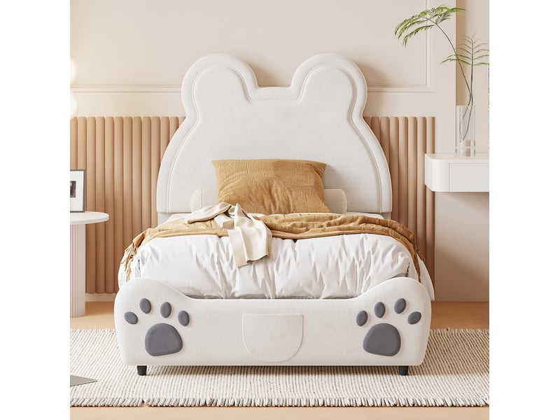  Lit enfant capitonné forme d’ours 90x200 cm en velours blanc  - Conforama D
