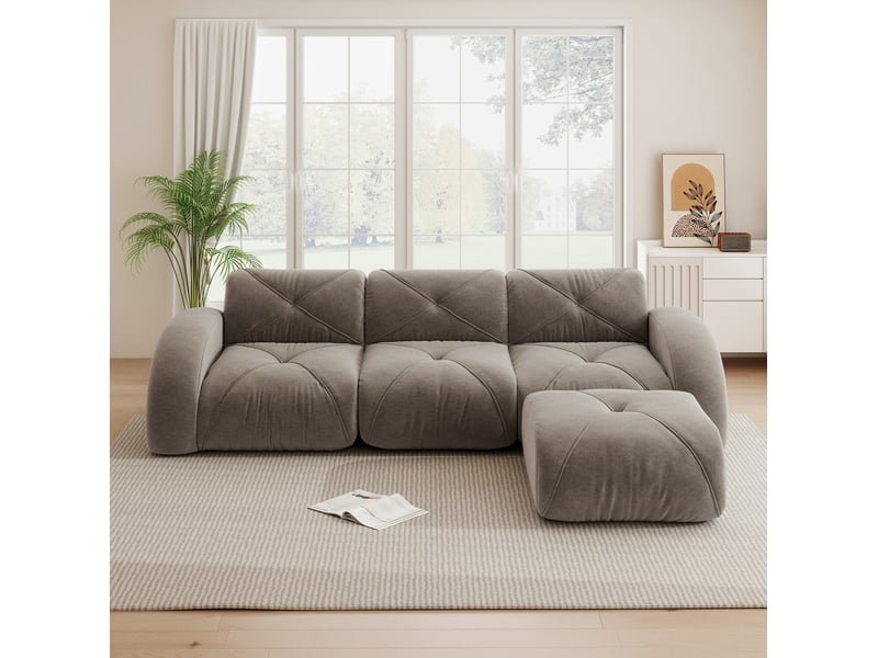 Canapé modulable 3 places en tissu taupe avec repose-pieds, assise moelleuse pour vos moments détente - Conforama E