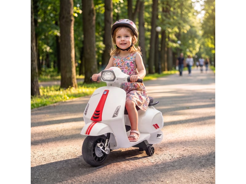  Moto électrique pour enfants avec permis vespa, batterie rechargeable 6v, roues et phares, 2-4 ans, blanche  - Conforama C