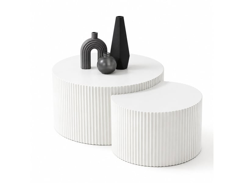  Tables basses gigognes 2 pièces en mdf blanc mat – design demi-lune ondulé – 80 x 80 x 40 cm  - Conforama A